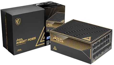 MSI MEG Ai1600T PCIE5, Fully Modular Gaming 1600W Power Supply, 80+ Titanium, Dual 12V-2x6 Cables, Server-Grade Capacitor, ATX 3.1 & PCIe 5.1 Ready, Low-Noise, Braided Cables, 12 Year Warranty
