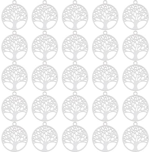 DICOSMETIC 60 Pièces Pendentifs Arbre de Vie Ronds Plats en Acier Inoxydable avec Motif de Famille Pendentifs en Filigrane 15.5x13.5mm pour la Fabrication de Bijoux en Métal Trou: 1.2mm