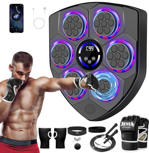 JUOIFIP Smart Music Boxing Machine for Adults and Kids, Bluetooth Boxing Equipment with Boxing Gloves & Reflex Ball & Jump Rope, Wall Mounted Electronic Punching Machine for Home Gym Workout Indoor