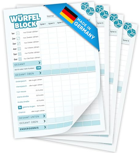 Creative Fox 4 x DIN A6 Würfelspiel Block | ideal für unterwegs | Ersatzblöcke | Knobelblock | Würfelpoker Spielblock zum Mitnehmen | Made in Germany