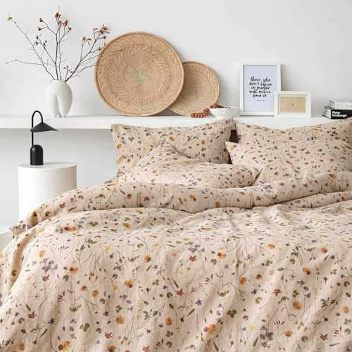 Freyamy Blumen Braun Bettwäsche 155x220 2tlg,Chic Botanisches Aesthetic,Gewaschener Mikrofaser Bettwäsche-Set, 1 Bettbezug mit Reißverschluss und 1 Kissenbezug 80x80cm
