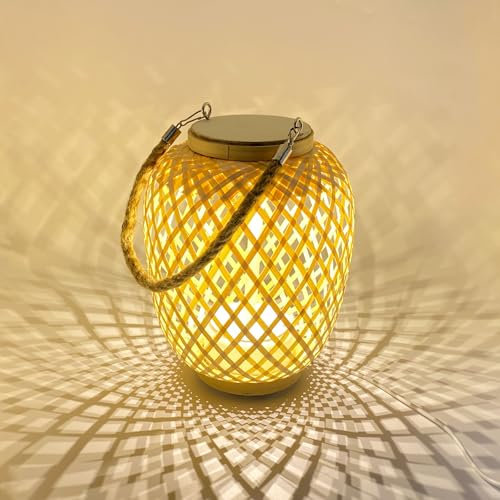 Drehbar Bambus Tischleuchte Boho Tischlampe Veranda Hängelampe Rattan Lampenschirm Outdoor Lampe Hängend Hängeleuchte USB Standleuchte Balkon Deko Schlafzimmer Nachttisch Esstisch Geschenk