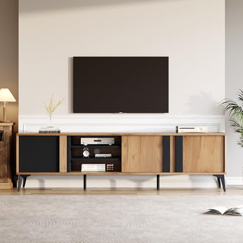 Merax TV Unit, TV Stand Cabinet for TV up to 80 Inch, TV Cabinet Table with Storage, Wooden TV Console for Living Room, Black and Woodgrain, 180x40x50 cm