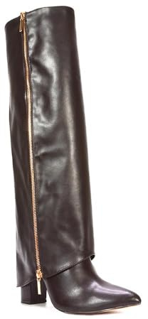 ESSEX GLAM Women's Knee High Fold Over Boots Ladies Zip Details Classic Faux Leather Western Style Pointed Toe Long Shoes Size 3-8