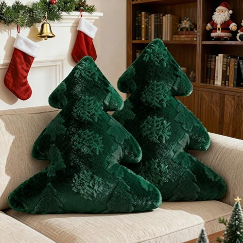 Lanpn 2 Stück Weihnachtsbaum Kissen Weihnachtskissen, Schneeflocke und Baum Weihnachts Kissen Dekokissen Flauschiges Zierkissen für Party Bett Sofa Couch Weihnachtsdeko (Grün, 40,5x45,5cm)