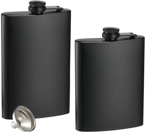 2 Pack Flask Alcohol, Hip Flasks for Liquor, 8oz 12oz Stainless Steel Leakproof Pocket Flasks with Funnel, Slim Matte Black Whiskey Alcohol Flask