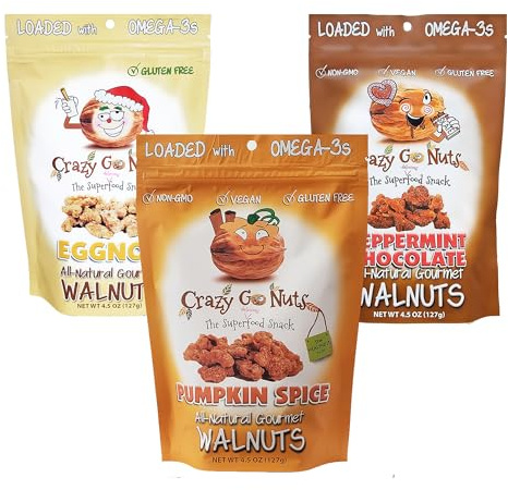 Crazy Go Nuts Holiday Sampler Walnuts - Flavored Walnuts, Glazed On the Go Snack, Roasted Nut Pieces, Vegan, Source of Omega-3 - Pumpkin Spice, Peppermint Chocolate, Eggnog, 4.5oz (3-Pack)