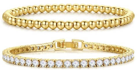 Turandoss Armband Damen Gold, 14K Vergoldet Tennisarmband Armband Damen | Gold Perlenarmband Stack Set Verstellbare Tennisarmband Armbänder Schmuck Geschenk für Frauen Mädchen