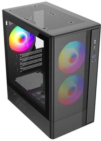 F3M Airflow Micro ATX Gaming Computer Case, Black, Mesh Front Panel with Tempered Glass Side, 3 ARGB 120mm Fans, USB 3.0/2.0 Ports, HD Audio Support