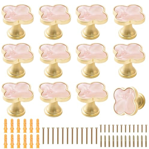 MOROBOR 12 PCS Four-Leaf Clover Handle, Creative Cabinet Drawer Pulls Multifunctional Single Hole Zinc Alloy Knobs for Dresser Wardrobe Door Furniture Accessories/Gold Base with Pink Surface