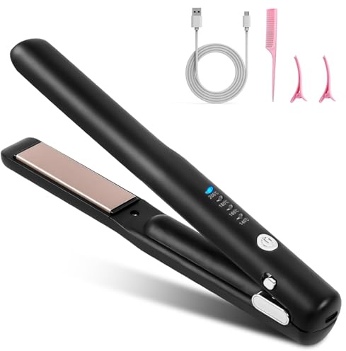 Mini plancha de pelo 2 en 1 sin cable y rizador, alisador de pelo, 4 temperaturas, alisador recargable, mini plancha para el pelo largo, corto, alisar, ondular, rizar hacia el interior