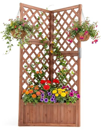RELAX4LIFE 2 IN 1 Fioriera da Esterno, Orto Rialzato da Esterno in Legno di Abete con Grigliato, Drenaggio, Fioriera Angolare per Piante Rampicanti, Orto, per Balcone e Giardino, 55x55x140cm (Marrone)