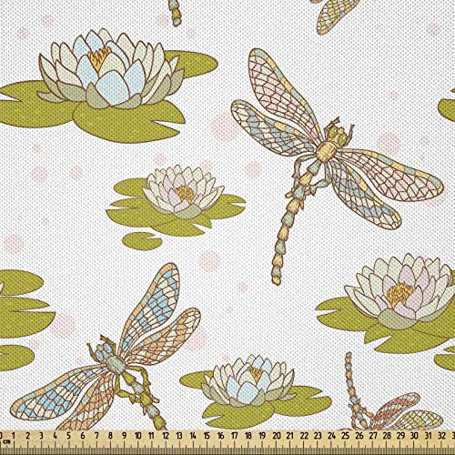 ABAKUHAUS Libelle Stoff als Meterware, Asiatische Lotusblume, Seidiger Satin Stoff für Polster Heimtextilien, 1M (148x100cm), Apfelgrün Creme