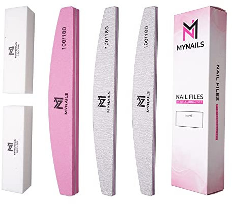 MYNAILS - Lima professionale per unghie, set di 5, 2 lime per unghie mezza luna 100/180, 2 buffer unghie bianche 180/180 e 1 lime per unghie Buffer mezzaluna rosa e bianco 100/180, confezione