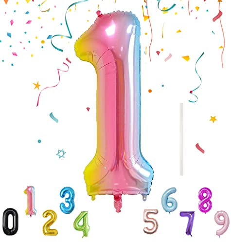 Palloncino Numero 101CM/40 con Cannuccia, Gonfiabili Pallone per Decorazione Feste, Foil Gigante Palloncini Compleanno con l'Elio, Riutilizzabili Palloncini Numeri - Palloncino Numero 1 Gradiente