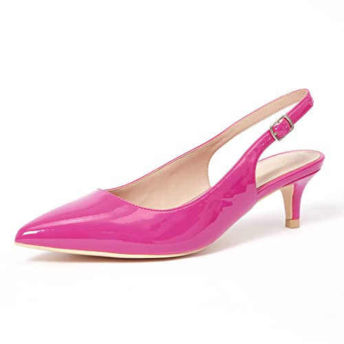 GENSHUO Scarpe col Tacco Basso da Donna con Cinturino Posteriore, Eleganti, a Punta, Chiuse, con Cinturino alla Caviglia, comode e Formali, da Sposa, Vernice Fucsia, 42 EU