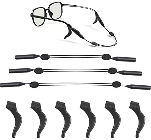 TOYMIS 3 Stück Silikon Brillenband mit 3 Paar Ohrhaken Verstellbare Brillenband Brillen Halterung Sonnenbrillenband Brillenband Sport für Kinder Erwachsene Herren Frauen (Schwarz, 3 Größen)