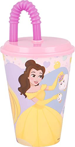 Disney Bicchiere rosa e lilla per bambine in plastica Principesse Belle Cenerentola Rapunzel 430 ml con cannuccia e coperchio flessibile