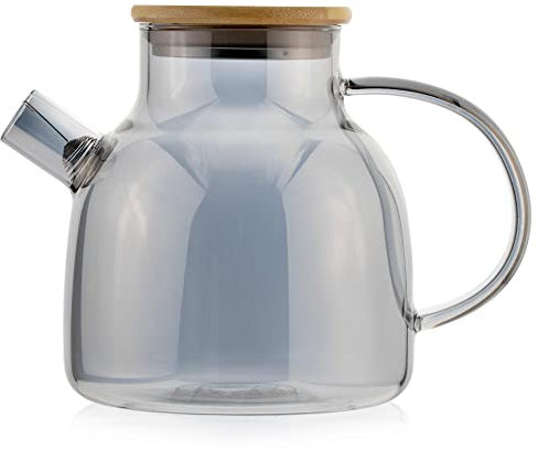 Scandi Home Glass Teapot 1200ml with Removable Stainless Steel Coil Filter and Bamboo Lid for 6 Cups Stovetop & Microwave Safe for Loose Leaf Tea (Grey)