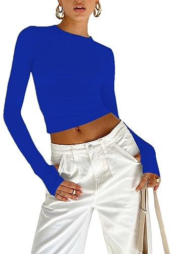 OYIGELZ Long Sleeve Tops Women's Basic T-Shirt Long Sleeves Crop Top Y2K Slim Fit Casual Round Neck Tee Shirt Streetwear(Blue-b2,L)