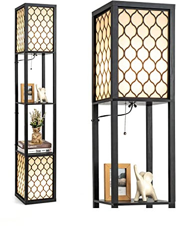 HOMASIS Stehlampe mit 2 Regalen, Stehleuchte E27, vintage Standleuchte mit Schalter im Industriedesign, Standlampe Innenbeleuchtung für Wohnzimmer, Schlafzimmer&Büro, 26x26x160 cm (2 Regale)