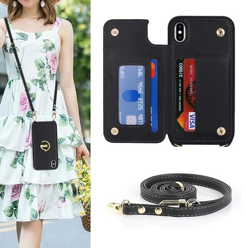 SailorTech iPhone X Case with Credit Card Holder - Leather Ring Stand Kickstand Strap Wallet in Black
