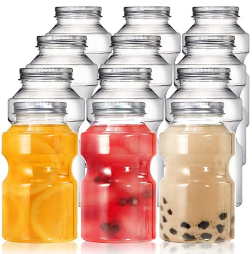 Cididu 12 Pack Plastic Bottles with Aluminum Caps, 350 ml Reusable Clear Juice Bottle, BPA Free Smoothie bottles for Fridge, Leakproof Empty Juice Bottles for Juicing Ginger Tea Coffee Milk Beverages
