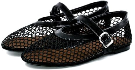 VBDB - Ballet Mesh Flats Shoes for Women | Pointed Toe Comfort Casual Flats Shoes | Fashionable Buckle Strap., Black, 9.5