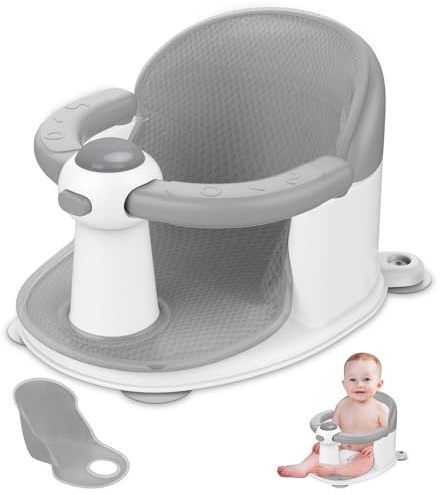 Baby Badewannensitz, Baby Badewannensitze für Babys im Alter von 6-24 Monaten, Babybadewannensitz mit Saugnäpfen und Surround-Design, Kleinkind-Badewannensitz mit weichem Schutzkissen, Grau
