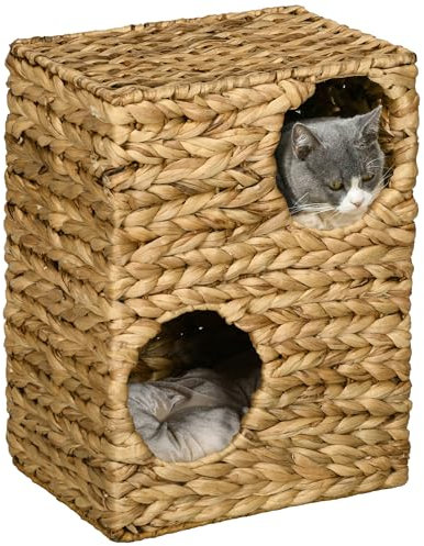 PawHut Barril rascador, Barril para Gatos de 55 cm de Altura con 2 Cuevas, Cojines Lavables, Poste rascador, Torre para Gatos Hecha de Jacinto de Agua, marrón Claro