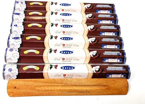 Satya Lot de 6 paquets de 20 paquets de bâtons d'encens Rose rouge et blanche (120 au total) - Sans charbon - Parfum floral romantique - Avec brûleur en bois JRose - Coffret cadeau d'encens Masala