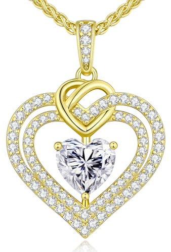 CDE Kette Damen Moissanite Halskette Damen Silber 925, Doppel Herz VVS1 Reinheit D Farbe, Frauen Schmuck Geburtstags Geschenk für Sie Freundin Weihnachten Valentinstag Muttertags (2 Karat 14K)