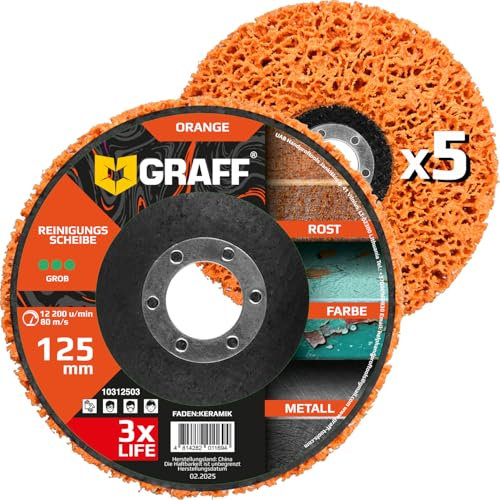 5 Pièces Disques de Nettoyage CSD 125mm Orange pour Métal Inox Acier - Disque de Décapage en Traitement de Surface de la Enlever la Rouille Peinture - Disque Abrasif Grossiers Meuleuse D'angle GRAFF