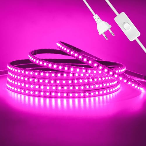 Wisada Anschluss an AC220-240V LED Streifen Selbstklebend mit ON/OFF Schalter, 1M 120LEDs/m 2835 SMD Flexible Superhell LED Band (Schnitt alle 10cm), IP65 Rosa LED Leuchtband für Weihnachten
