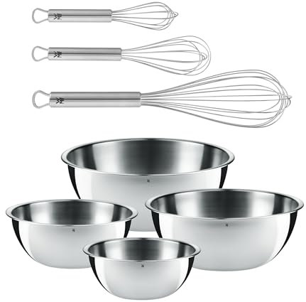 WMF Set 2-teilig Gourmet Schüsselset 4-teilig, Edelstahl Schüsseln für die Küche 0,75l - 2,75l Rührschüsseln und Profi Plus Schneebesen Set 3-teilig, Schneebesen Edelstahl teilmattiert, Rührbesen