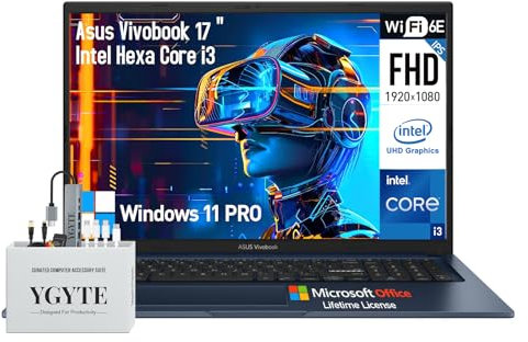 ASUS Vivobook Computer portatile da 17 pollici, laptop i3 FHD da 17,3 pollici, Intel Core i3 Notebook PC, 16 GB di RAM, SSD da 512 GB + set di docking da 512 GB, Windows 11 Pro Lifetime Office