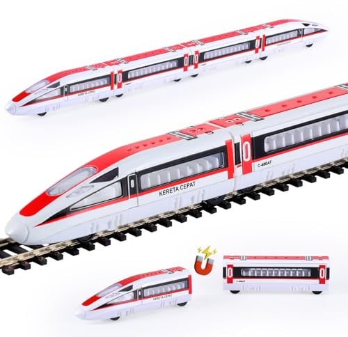 VBACALA 4 pcs Eisenbahn Kinder Zug Spielzeug Eisenbahn Spielzeug,Zug mit magnetischer Verbindung Züge für Holzschienen,Lokomotive mit Rückzugskraft 2 Lokomotiven Kompatibel mit Magnetbahnwagen