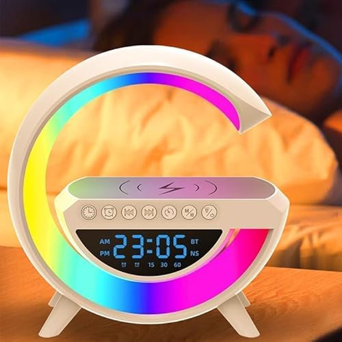 Atmosphere Lamp with 15W Wireless Charger Led Alarm Clock Dimmable Ambient Light Smart Table Lamp with Bluetooth Speaker Dazzling Running Lights 13 Modes Lights for Adults Kids Office Bedroom (White)