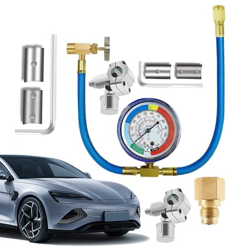 Kit de recarga de aire acondicionado para coche - Juego profesional de carga de refrigerante R134a con manómetro y manguera | Kit completo de reparación de aire acondicionado para coche, camión, SUV,