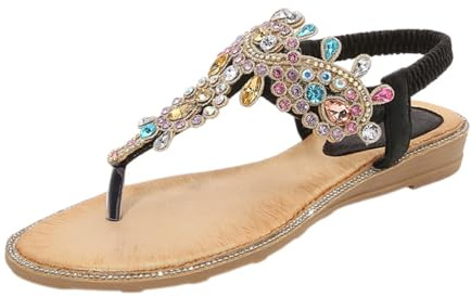 YIzdegg platta sandaler damer sommar – storlekar strass bohemia T-remmar kvinnor mjuka sulor sommarskor gummiband Slingback eleganta vackra flickor strandskor inomhus/utomhus