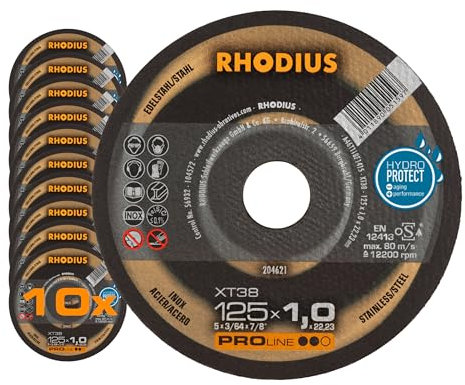 RHODIUS XT38 | 10 Stück Ø 125 mm x 1,0 mm | Trennscheibe Metall | Made in Germany | Dose | für Winkelschleifer, INOX, Edelstahl, Stahl