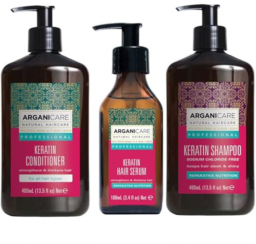 ARGANICARE | Shampoo 400 ml + Conditioner 400 ml + Serum Keratin 100 ml | Regeneriert das Haar intensiv | beugt Spliss vor und behandelt Spliss | Weiches & glänzendes Haar