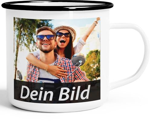 Emaille Moonworks® Fototasse, Tasse mit Foto und Text selbst gestalten, personalisierte Geschenke, Fotogeschenke weiß-schwarz unisize