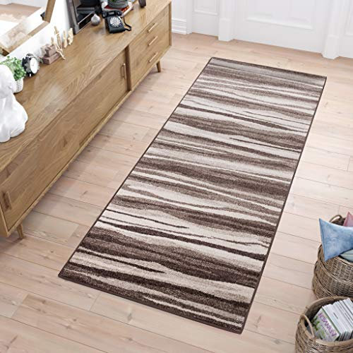 TAPISO Sari Teppich Läufer Flur Braun Beige Kurzflor Modern Streifen Meterware Brücke nach Maß Küche Wohnzimmer Schlafzimmer ÖKOTEX 70 x 300 cm