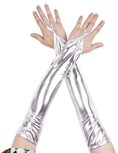 Freebily Glänzend Fingerlose Handschuhe Metallic/Fischschuppen gedruckt Armstulpen Silberne Handschuhe Gogo Party Kostüm Zubehör Nachtclub Clubwear A Silber One Size