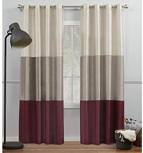 EXCLUSIVE HOME Chateau Striped Faux Silk Grommet Top Curtain Panel Pair, 54x108, Burgundy Taupe