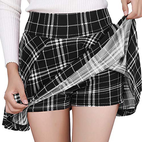DJT Damen Mädchen Basic Solid Dehnbaren Informell Mini Skater Rock mit Shorts Schwarz Plaid Small