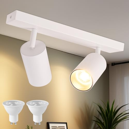 KYOTECH Deckenstrahler LED 2 Flammig Weiß 350° Schwenkbar GU10 5W 400LM | Inkl. GU10 LED Lampen, Aluminium Moderne LED Deckenspot für Wohnzimmer, Küche, Schlafzimmer, Flur