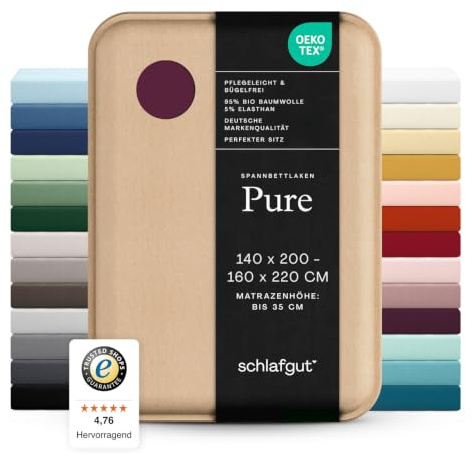 schlafgut Pure Spannbettlaken 140x200 cm Bio-Baumwolle Jersey, Purple Deep | Bettlaken, Spannbetttuch 160x200, 160x220 cm, Lila, Mako Baumwolle Elasthan, bis 35 cm Steg, Rundumgummi