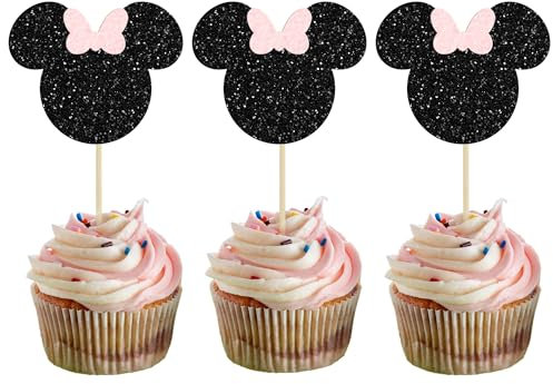 Gyufise Mouse Inspired Cupcake Toppers with Bow Black and Pink Glitter Mouse Cupcake Picks Baby Shower Wedding Kids Birthday Party Cake Decorations Supplies 36 Pack